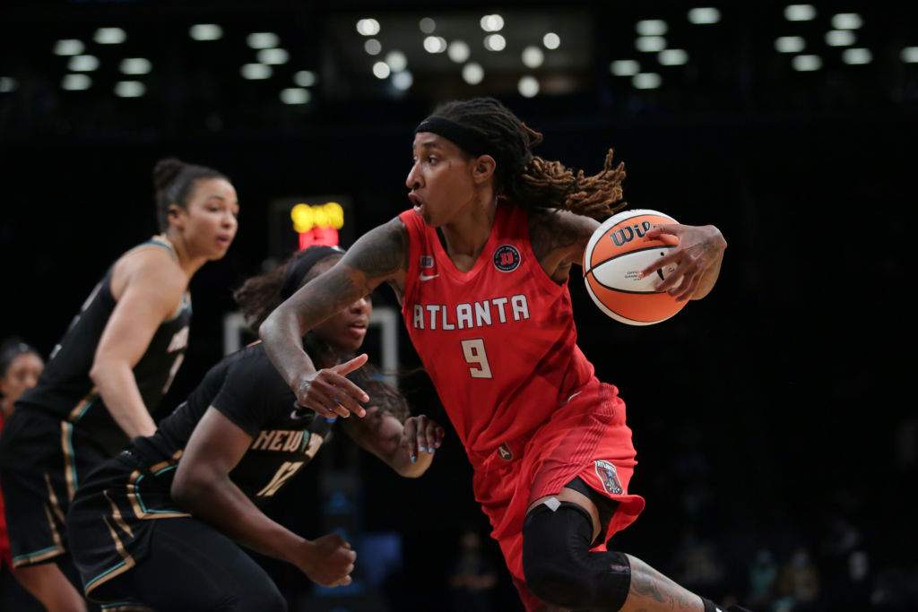 BROOKLYN, NY - MAY 29: Crystal Bradford #9 of the Atlanta Dream drives to the basket against the New York Liberty on May 29, 2021 at Barclays Center in Brooklyn, New York. (Photo by Steven Freeman/NBAE via Getty Images)