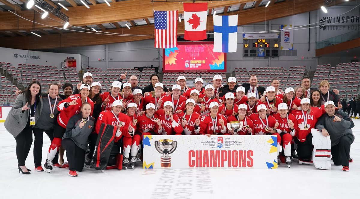 Team Canada poses after winning Worlds. (photo courtesy of @HockeyCanada on Twitter)