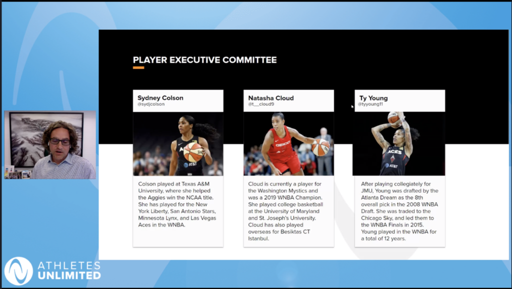Natasha Cloud, Sydney Colson and Tamera Young of Athletes Unlimited. (Screenshot from media avail on October 12, 2021.)