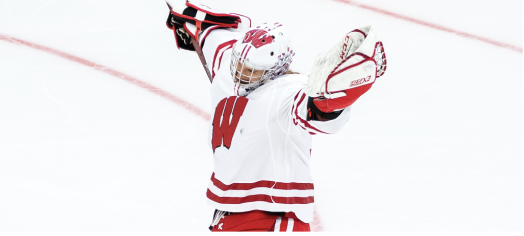 Ann-Renée Desbiens celebrates a win with the Wisconsin Badgers. Source/Credit: Brent Cizek