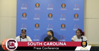 Zia Cooke, Dawn Staley and Aliyah Boston. (Screenshot via media Zoom)