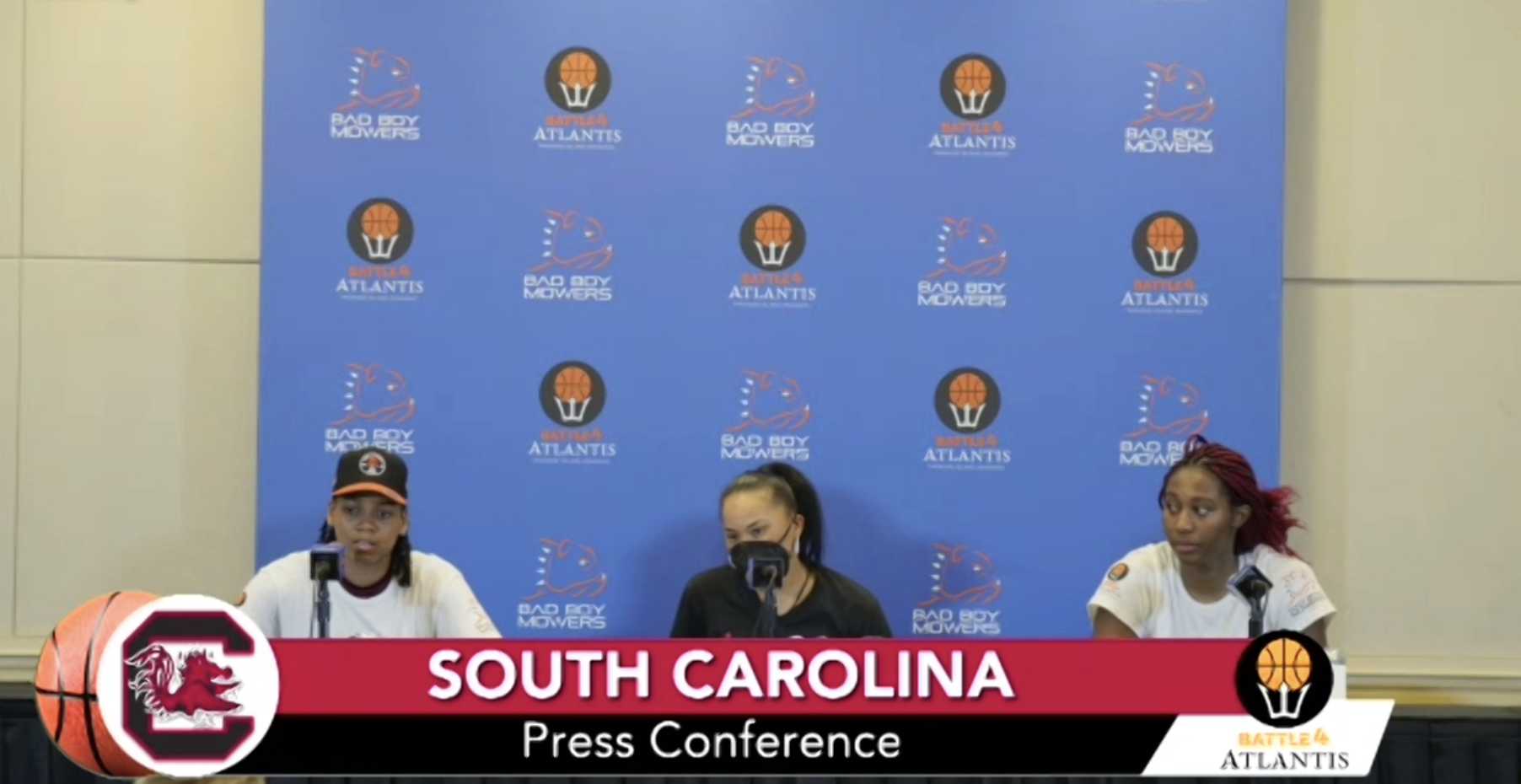 Zia Cooke, Dawn Staley and Aliyah Boston. (Screenshot via media Zoom)