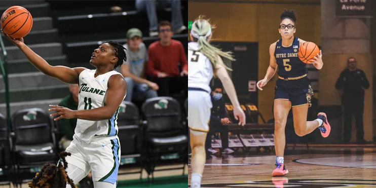 Two images: on the left, Moon Ursin is in midair, laying-up the ball in the palm of her hand; on the right, Olivia Miles is bringing the ball up the court.