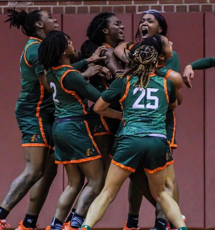 Florida A&M players mob each other in celebration