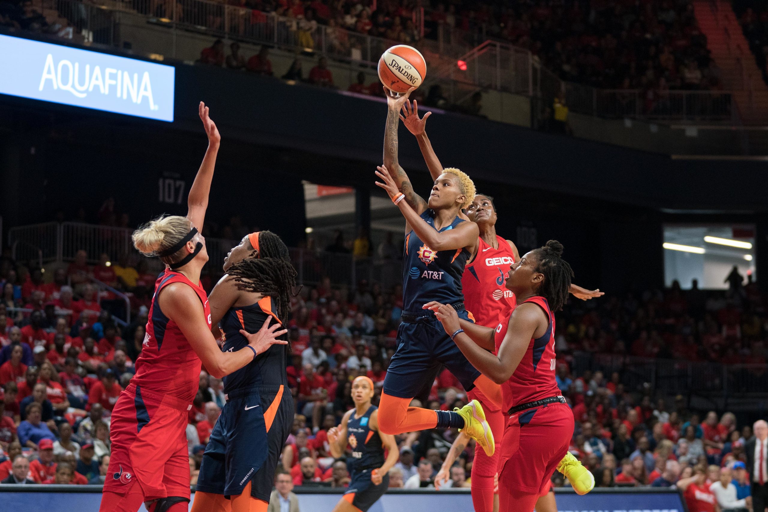 Connecticut Sun guard Courtney Williams (10) shoots during Game 1 of the WNBA Finals between the Connecticut Sun and the Washington Mystics at the Entertainment and Sports Arena in Washington, DC on Sept. 29, 2019. (Photo credit: Chris Poss)