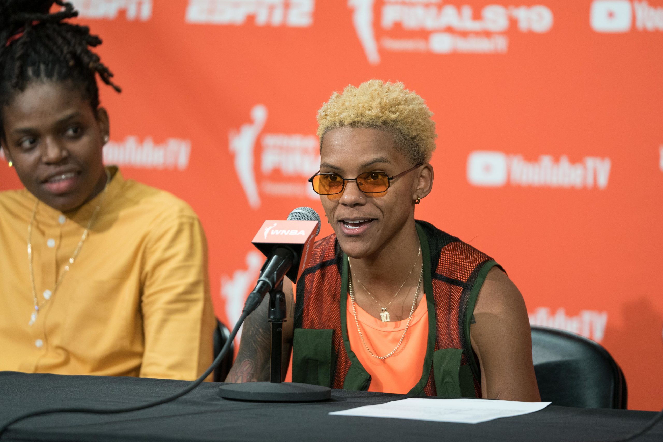 Connecticut Sun guard Courtney Williams (10) answers a question after Game 2 of the WNBA Finals.