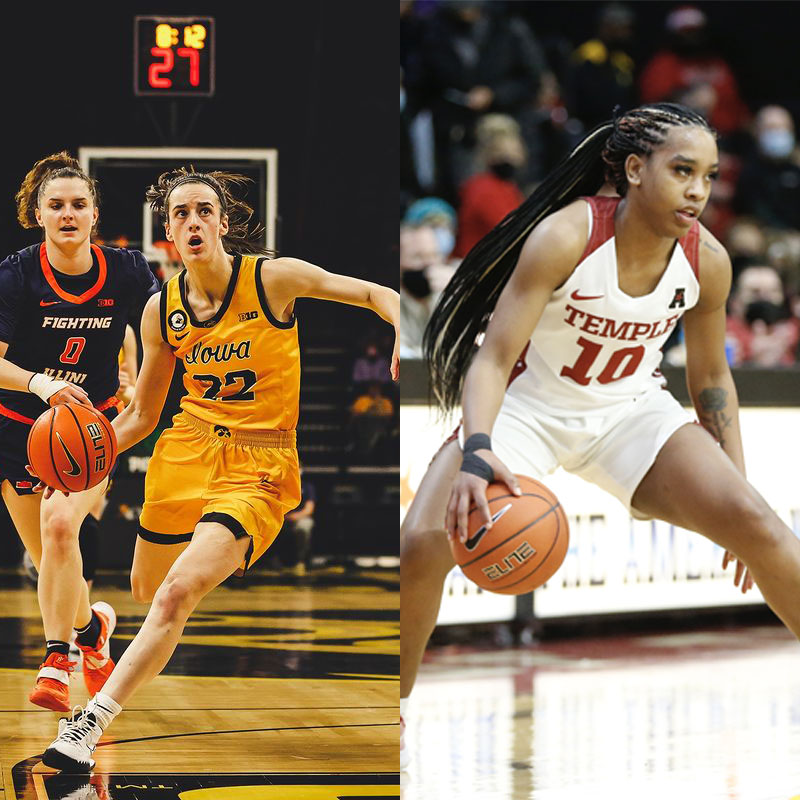 The image is split into halves: on the left, Caitlin Clark picks up her dribble at the elbow in transition as she prepares to go up for a layup, with a defender in pursuit; on the left, Aniya Gourdine goes between her legs while facing up