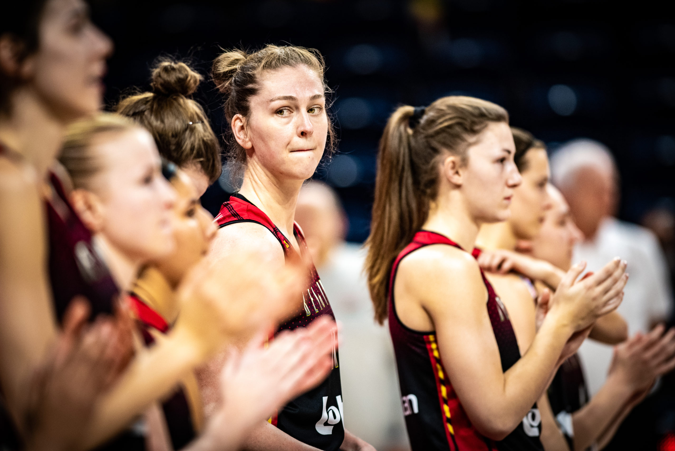 Belgian national team captain Emma Meesseman (center) stands with her teammates before a game against Puerto Rico in the FIBA World Cup Qualifying Tournament on Feb. 10, 2022, in Washington, DC. (Photo credit: Domenic Allegra)