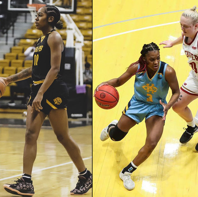 The image is split down the middle; left: Zaay Green walks while dribbling the ball; right: Naomie Alnatas dribbles around a defender