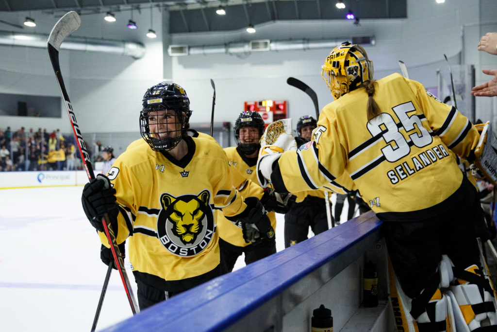Boston Pride celebrate winning tthe Isobel Cup Final in Tampa on March 28, 2022. (Michelle Jay)