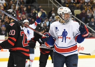 PITTSBURGH, PA - MARCH 12: Hayley Scamurra #16 of Team United States reacts after scoring a goal in the third period during the Rivalry Rematch against Canada at PPG PAINTS Arena on March 12, 2022 in Pittsburgh, Pennsylvania. (Photo by Justin Berl/Getty Images) *** Local Caption *** Hayley Scamurra
