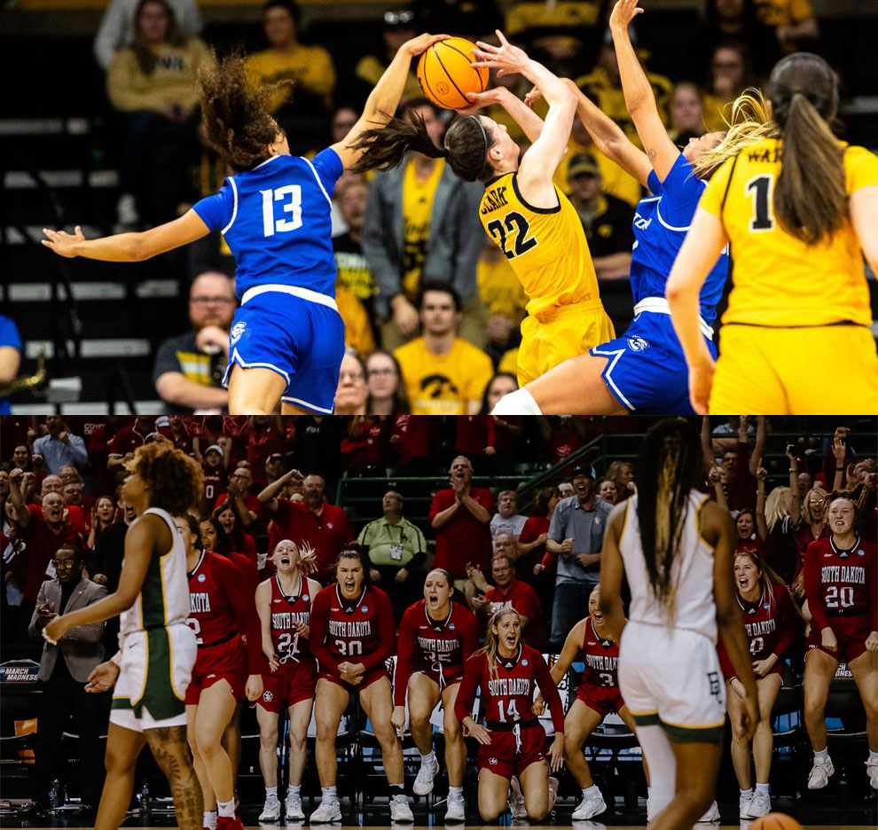 Two images, stacked on top of each other: on top, two Creighton players block a Caitlin Clark short jumper; on the bottom, the South Dakota bench screams in celebration in the background, as in the foreground, two Baylor players walk dejectedly.
