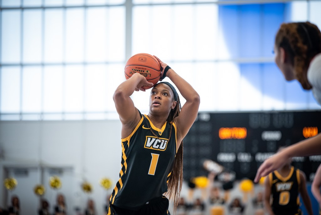Taya Robinson shoots a free throw against Dayton.