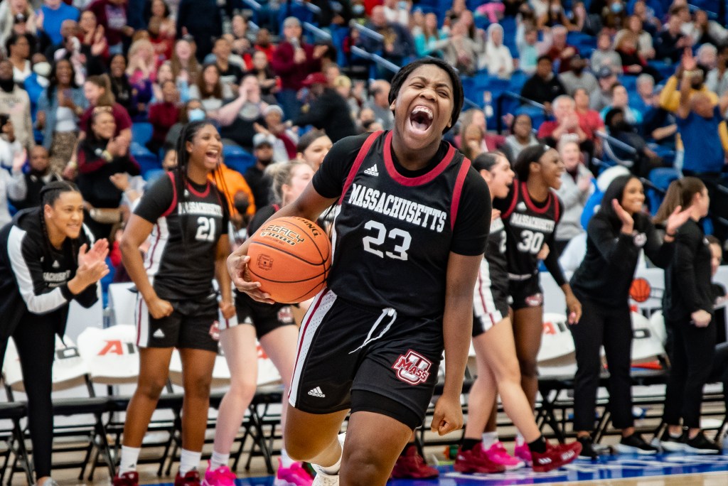 UMass sophomore Ber'Nyah Mayo lets out scream after getting fouled with 23 seconds left in the A-10 tournament title game on March 6.