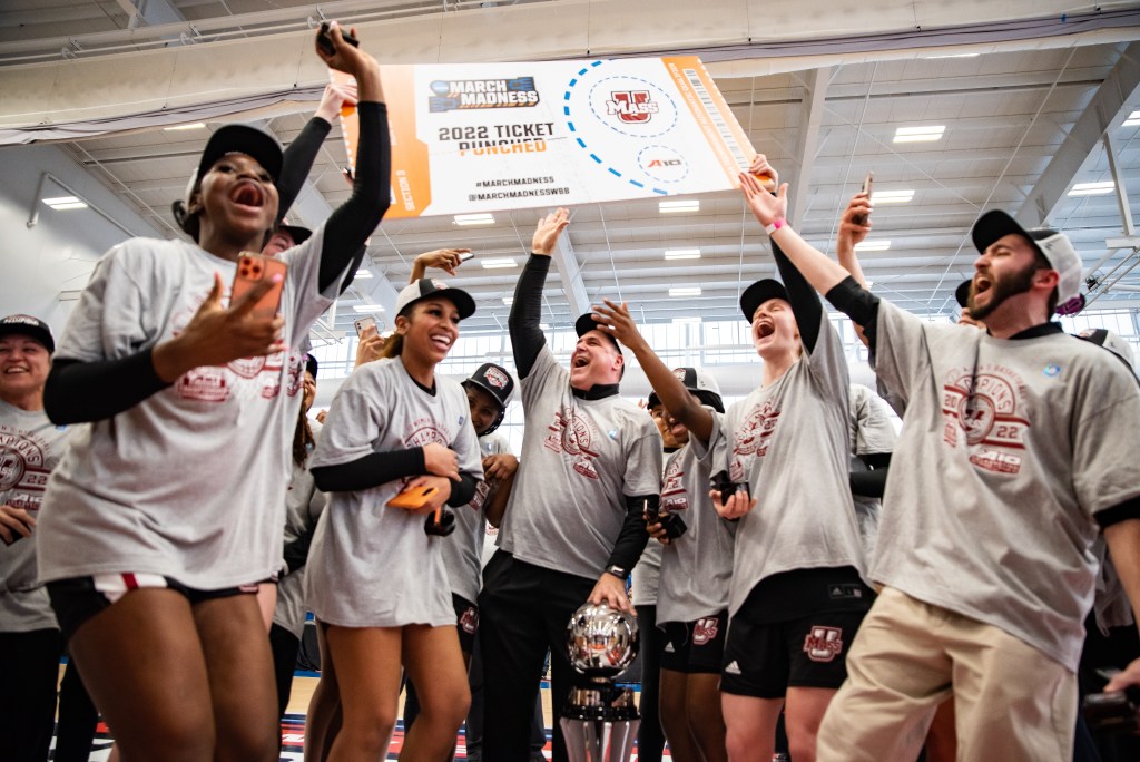 UMass holds its ticket to the NCAA Tournament after winning the team's first Atlantic 10 Championship after a 62-56 win over Dayton on March 6. Photo Credit: Domenic Allegra.