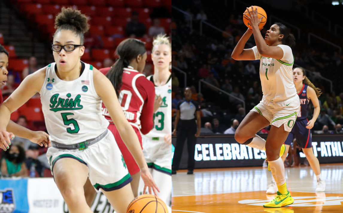 Two pictures, side-by-side. On the left, Olivia Miles drives by a defender. On the right, Nyara Sabally stands on one foot as she is in the middle of taking a quick jump shot in the paint.