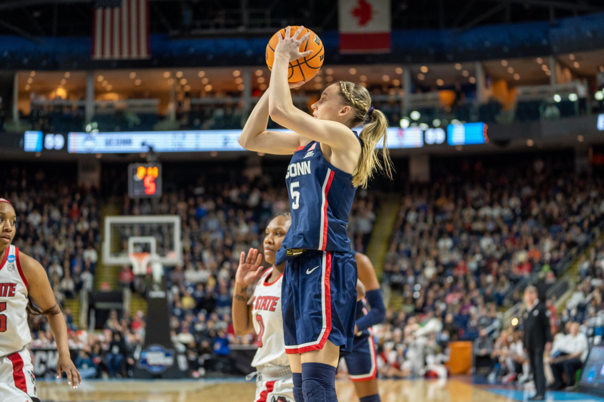 Paige Bueckers rises up to take a jumper for the Huskies.