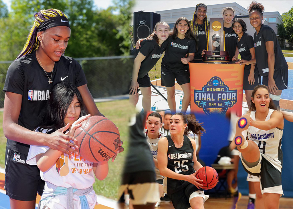 Left: Aaliyah Edwards shows a younger girl how to hold a basketball. Top right: (from left to right) Nika Mühl, Sofia Payan, Edwards, Wang Fuqu, Siya Deodhar and Diouma Berthe pose with the NCAA Women's Division I Basketball Tournament trophy. Bottom left: Mühl handles the ball during a program activity. Bottom right: Georgia Amoore stretches. Photos Courtesy of NBA Academy.