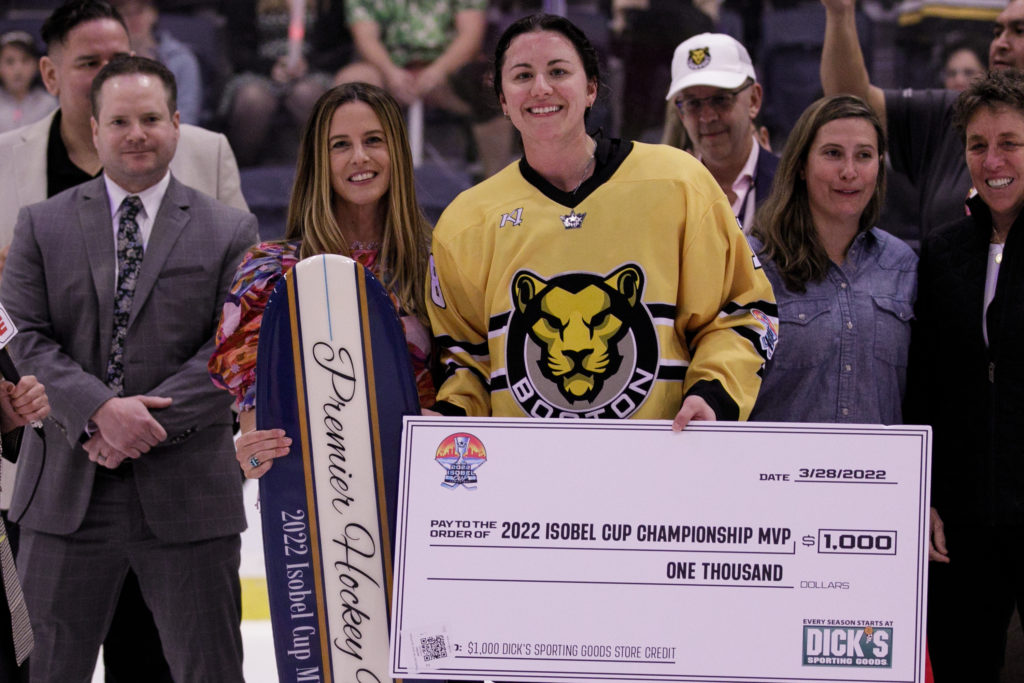 Boston Pride celebrate winning the Isobel Cup Final in Tampa on March 28, 2022. (Michelle Jay)