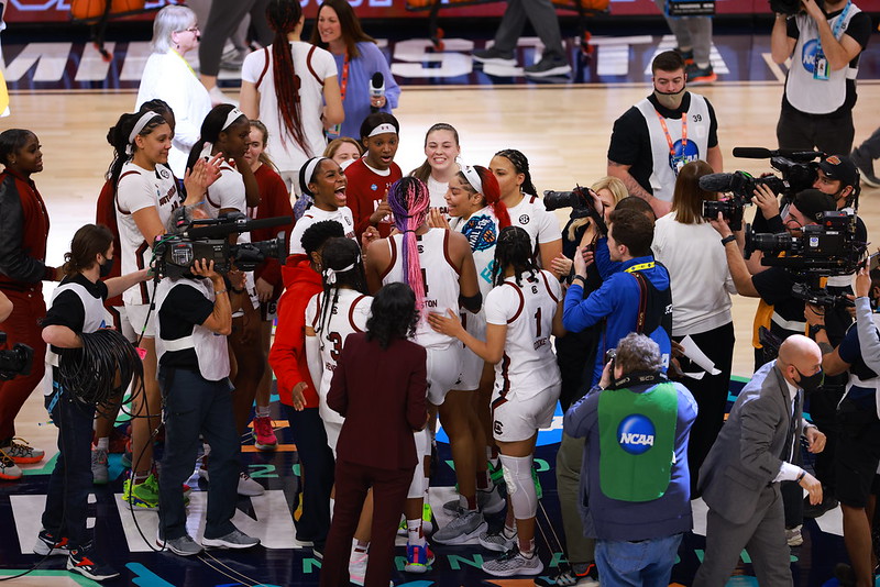 South Carolina celebrates after defeating Louisville, 72-59 at the women's Final Four April 1, 2022. (John McCLellan photo)