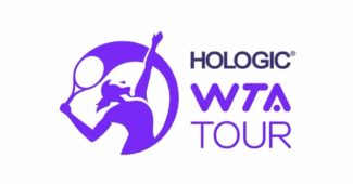 A logo for the Women's Tennis Association Tour is purple and shows a woman serving in tennis.
