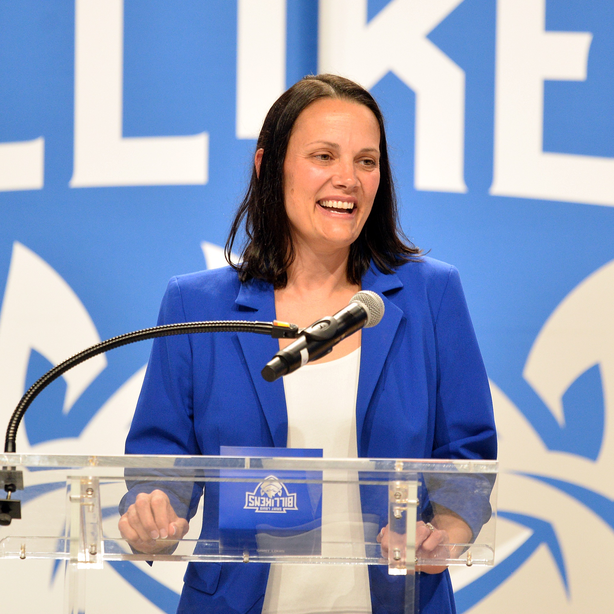 Rebecca Tillett addresses the crowd at her introductory press conference on April 13.