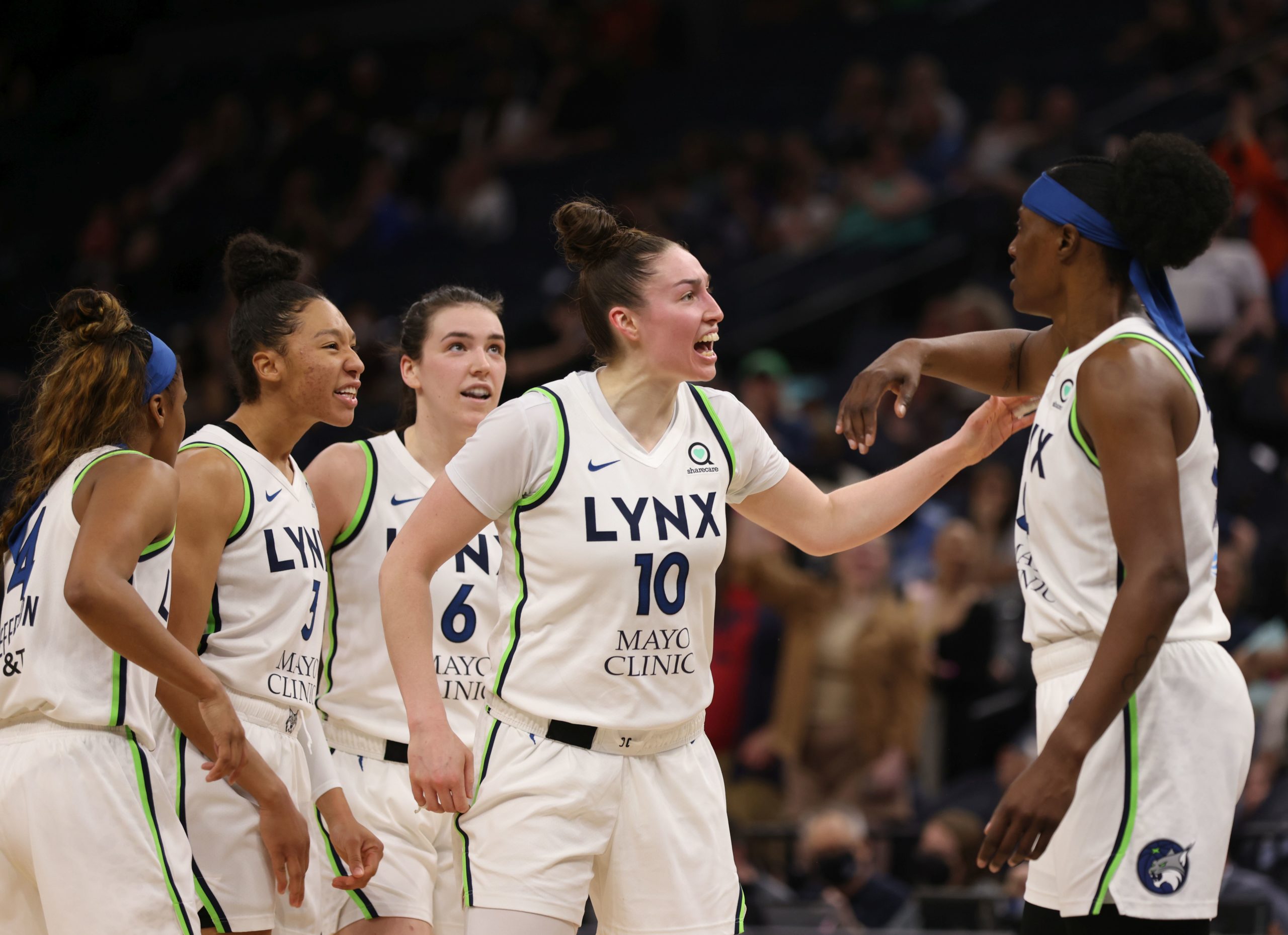 Minnesota Lynx forward Jessica Shepard (10) reacts during a game against the Chicago Sky at Target Center in Minneapolis, Minnesota, on May 14, 2022. (Photo credit: John McLellan)