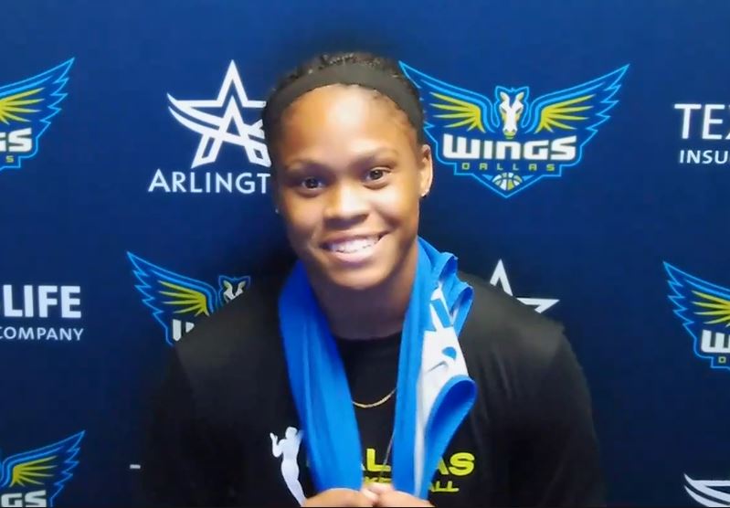 Dallas Wings guard Moriah Jefferson talks remotely with the media from IMG Academy in Bradenton, Florida, on July 11, 2020. (Screenshot from a Dallas Wings Zoom)