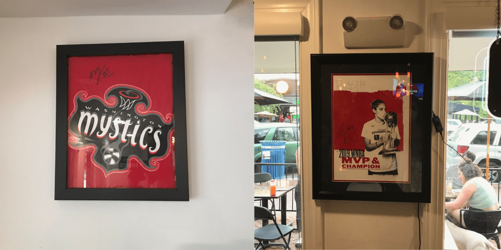 A T-shirt signed by forward Myisha Hines-Allen and a signed poster of forward/guard Elena Delle Donne are part of the decor at As You Are, an official Washington Mystics bar partner in Washington, DC. (Photo credit: Jenn Hatfield)