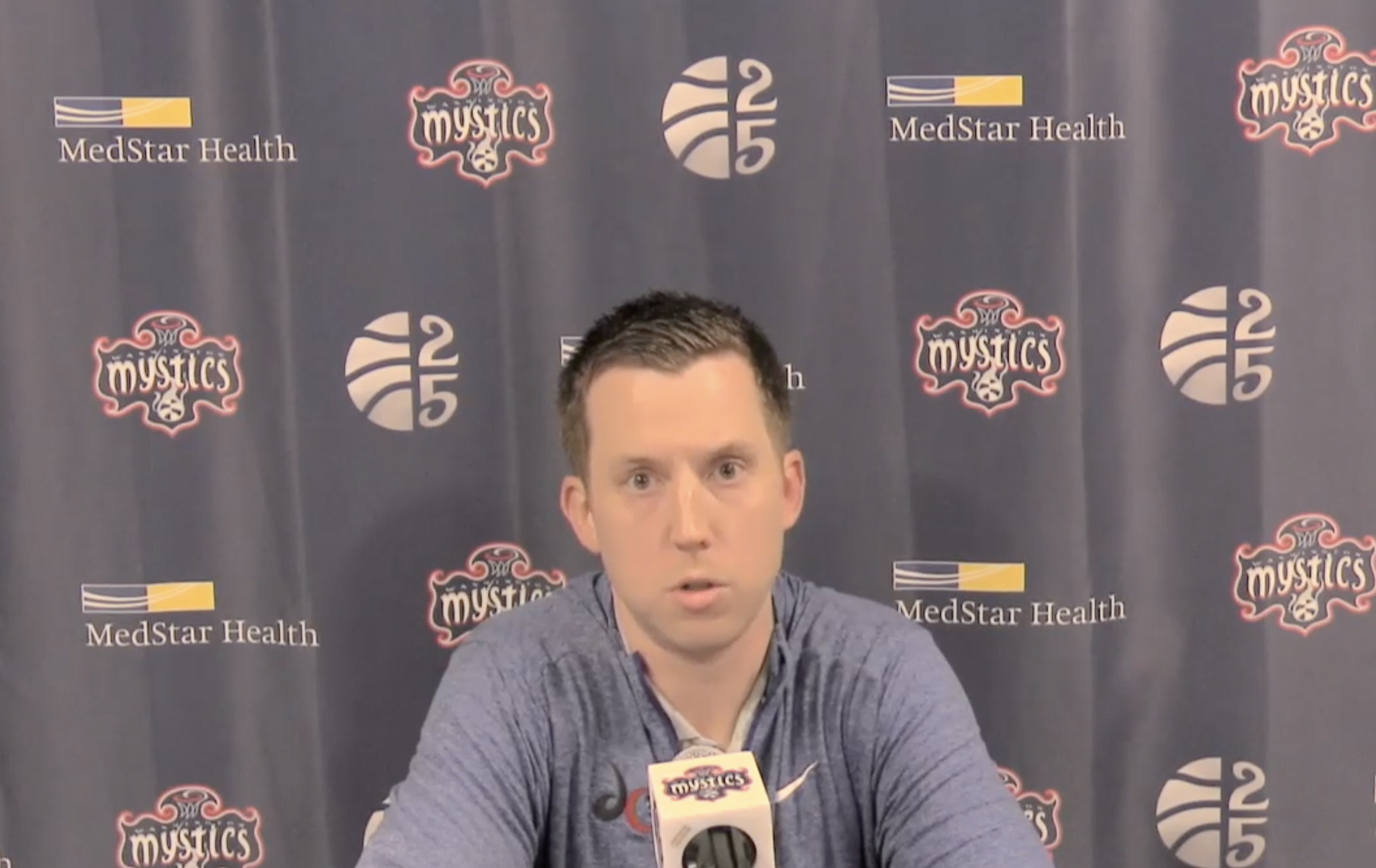 Washington Mystics acting head coach Eric Thibault addresses the media after a game against the Atlanta Dream on May 24, 2022.