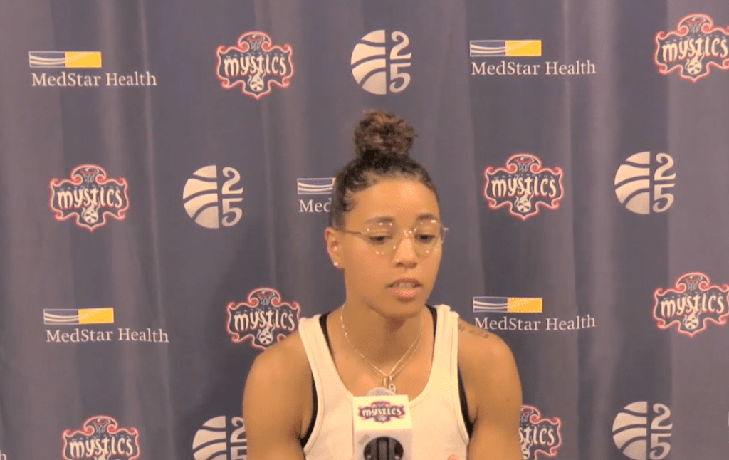 Washington Mystics point guard Natasha Cloud addresses the media after a game against the Atlanta Dream on May 24, 2022.
