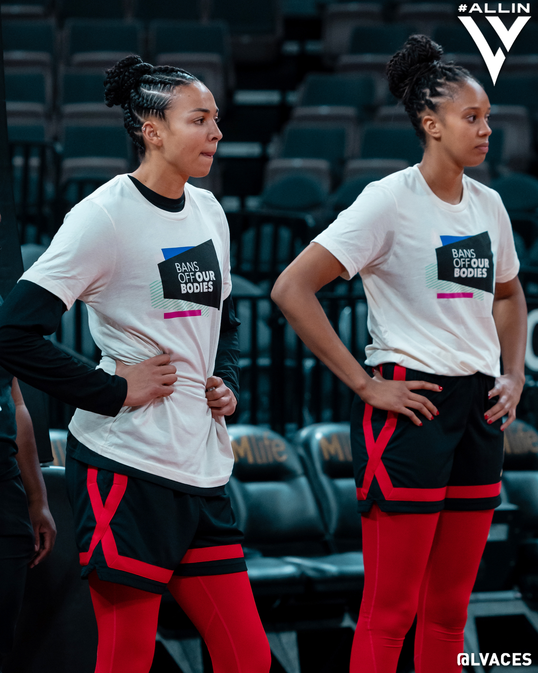 Las Vegas Aces players wear white T-shirts saying "Bans off our bodies" at practice on June 24, 2022.