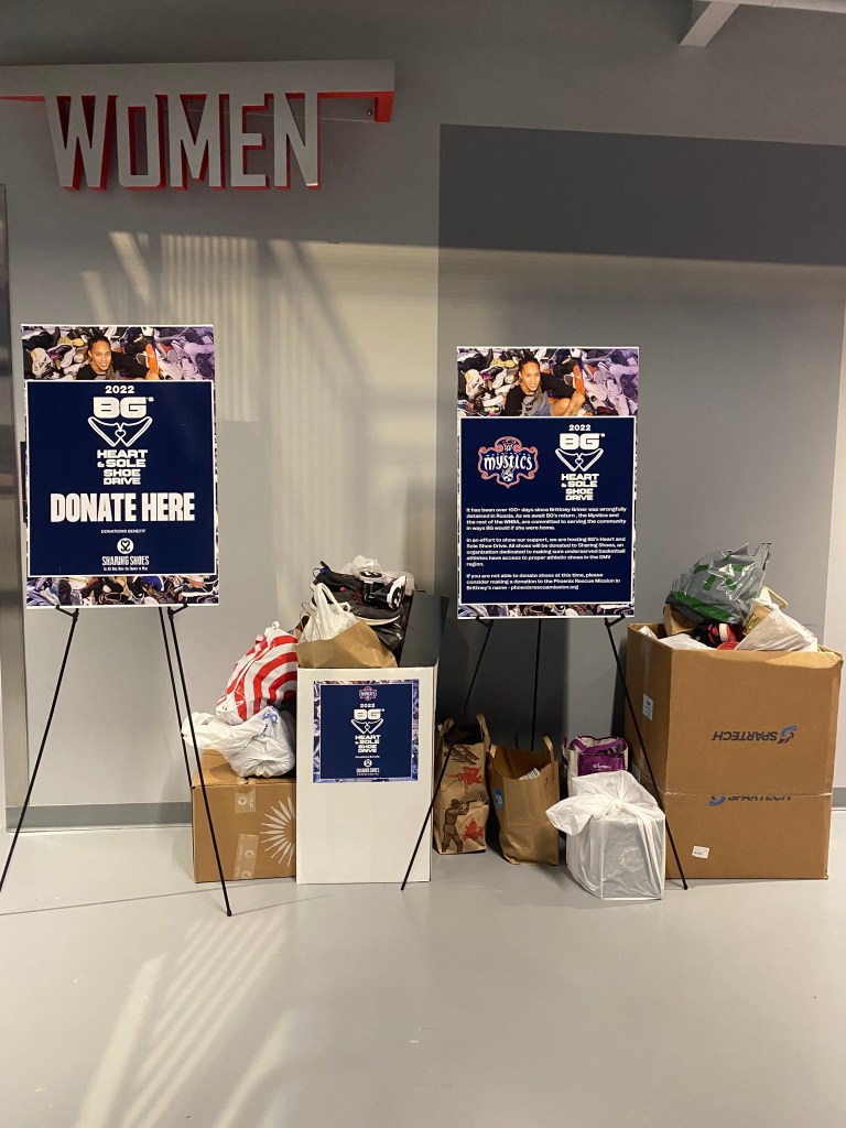 Shoe donations in honor of Brittney Griner at the Mystics arena on June 12.