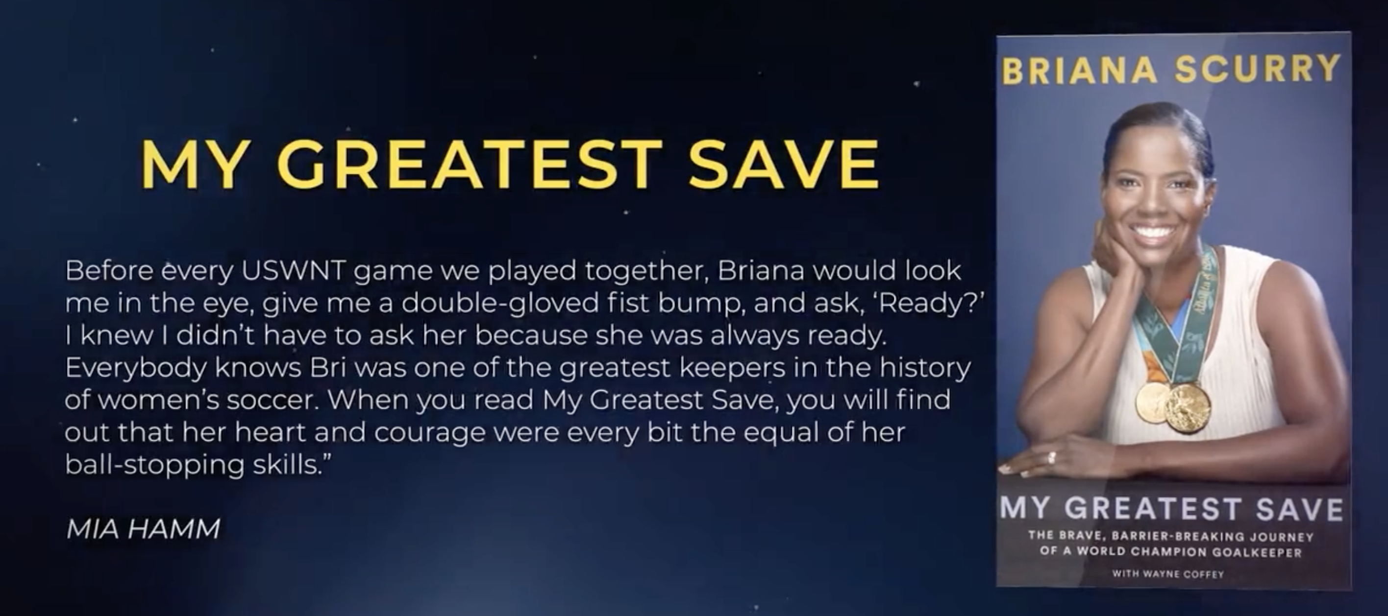 A screenshot of the cover of Brianna Scurry's new book, with a pull-quote from Mia Hamm.