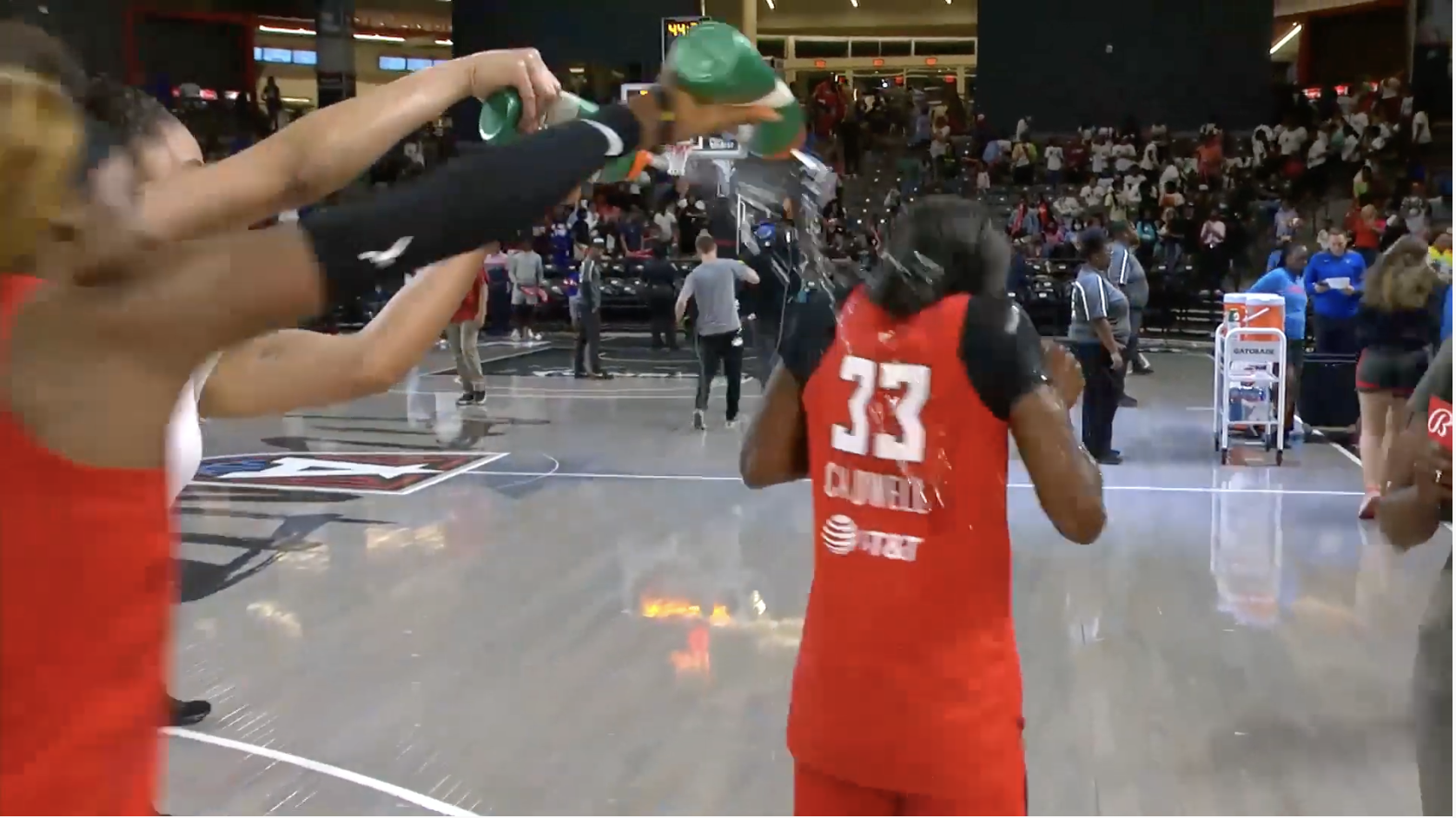 Maya Caldwell is showered by teammates after scoring 18 points in Atlanta Dream's 80-75 win over the Dallas Wings on Tuesday, June 21, 2022. (Screenshot from postgame interview)