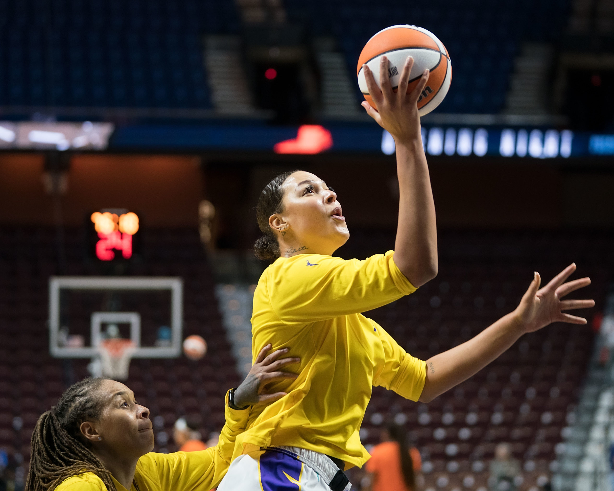 Los Angeles Sparks center Liz Cambage (1) warms up before the WNBA game between the Los Angeles Sparks and the Connecticut Sun at Mohegan Sun Arena, Uncasville, Connecticut, USA on May 14, 2022. Photo Credit: Chris Poss