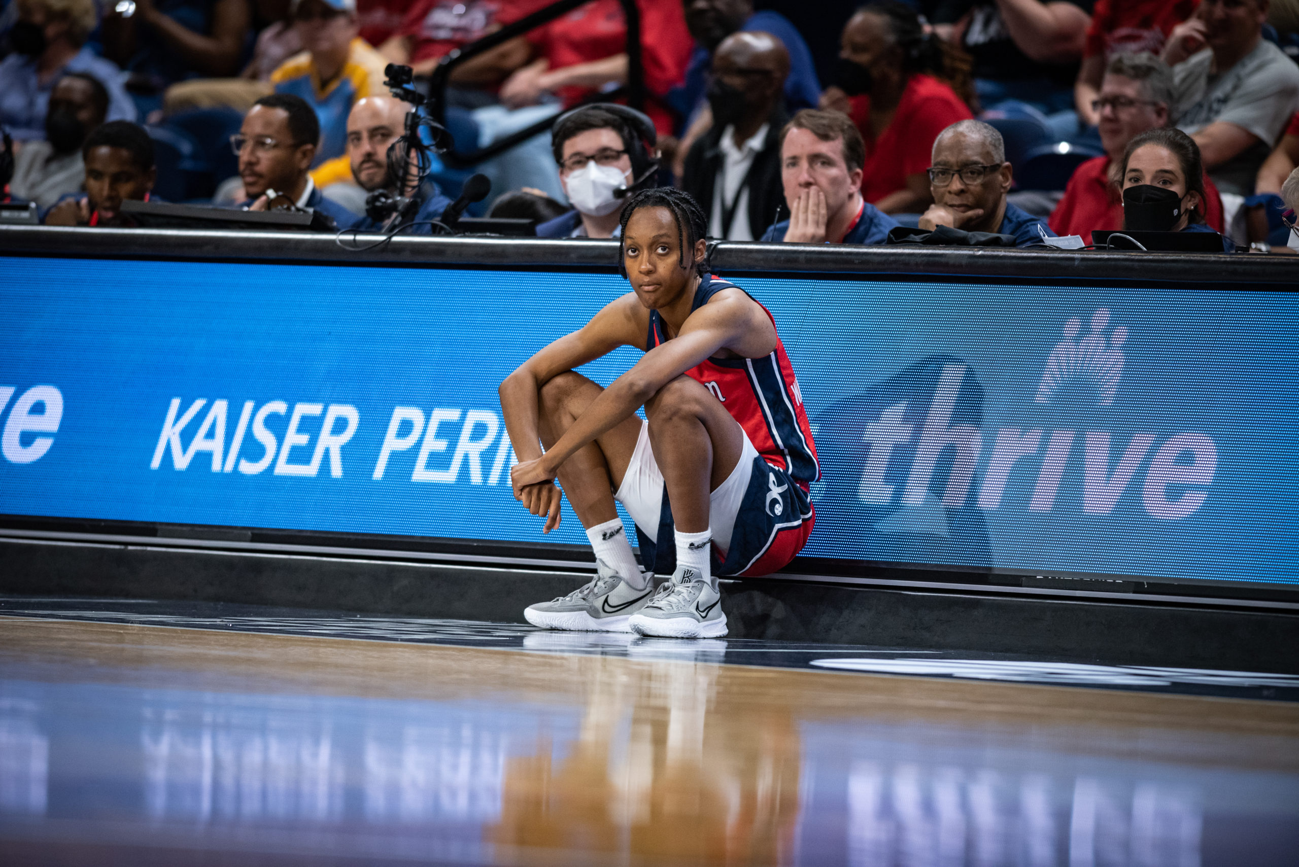 Washington Mystics guard Shatori Walker-Kimbrough waits to check into a game against the Chicago Sky at the Entertainment and Sports Arena in Washington, D.C., on May 22, 2022. (Photo credit: Domenic Allegra)