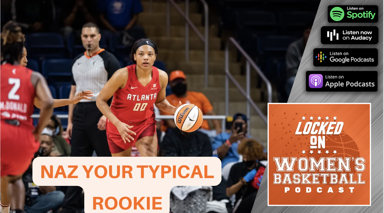 A thumbnail previewing a Locked on Women's Basketball podcast episode featuring Naz Hillmon of the Atlanta Dream