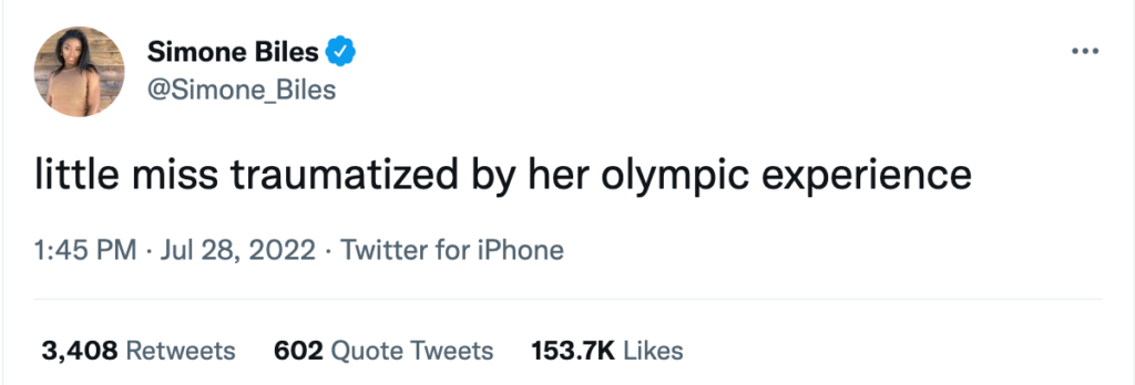 A Simone Biles tweet, in the 'Little Miss [blank]' format that reads "little miss traumatized by her olympic experience""