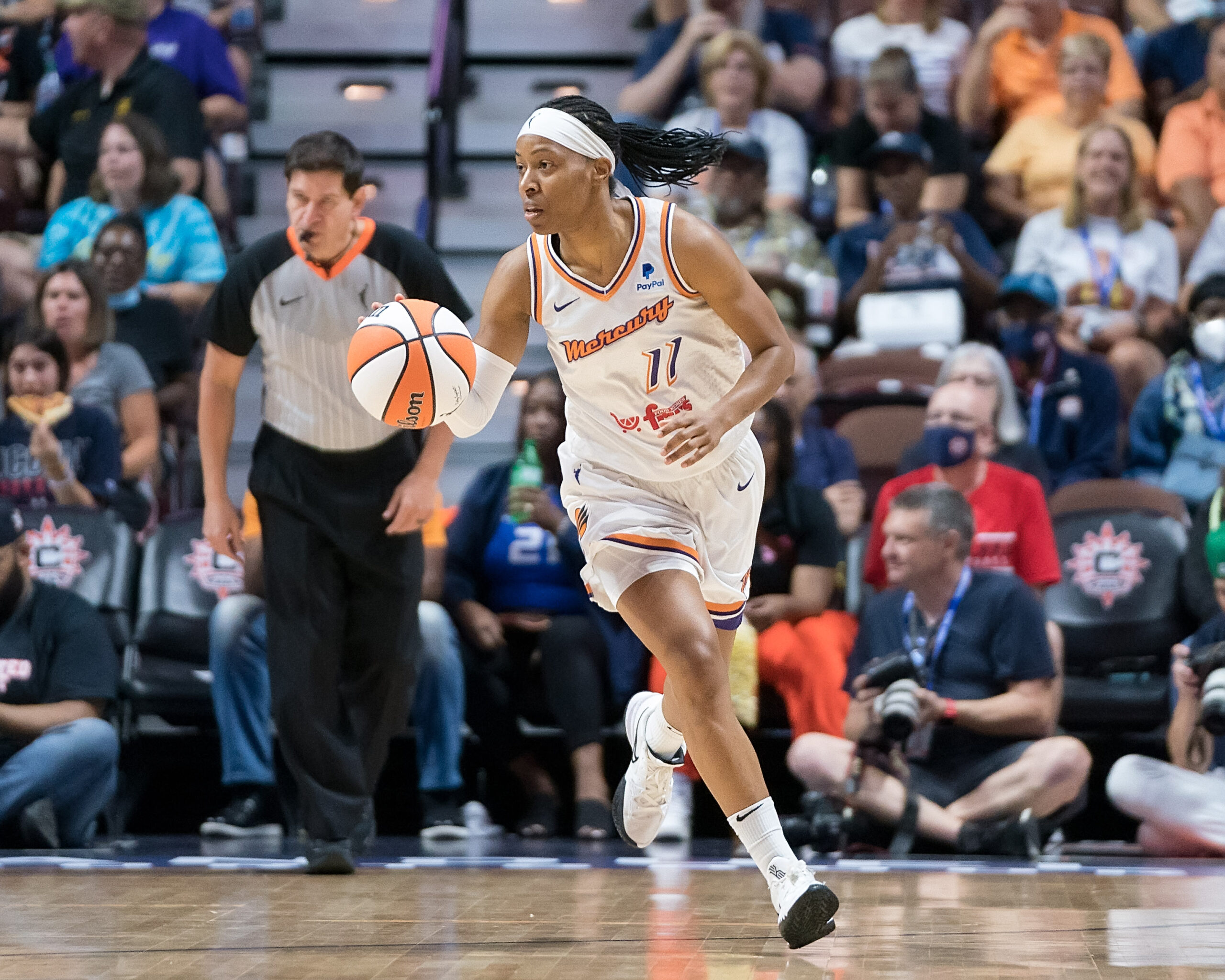 Phoenix Mercury guard Shey Peddy (11) dribbles during a WNBA game against the Connecticut Sun at Mohegan Sun Arena in Uncasville, Conn., on Aug. 2, 2022. (Photo credit: Chris Poss)