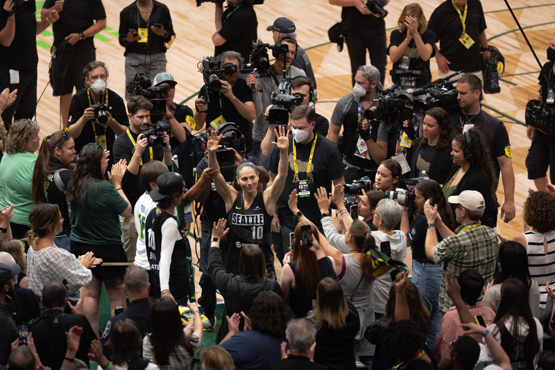 Sue Bird soaks in the Seattle crowd following her final regular season home same for the Storm on August 7, 2022. (Lydia Ely photo)