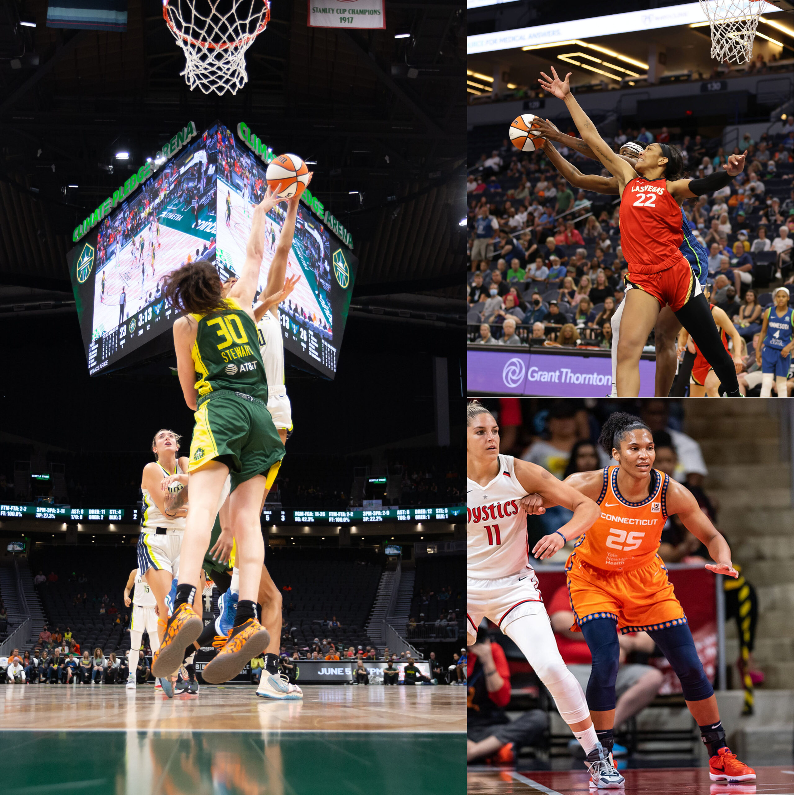 Four pictures in a collage: on the left, Seattle Storm big wing Breanna Stewart, mid-air, leaps from under the rim to Dallas Wing big Isabelle Harrison and blocks Harrison's shot with her fingertips; on the top-right, Las Vegas Aces center A'ja Wilson extends a hand up and out to deter a shot while keeping her back between Minnesota Lynx center Sylvia Fowles and the basket, as Fowles catches the ball just outside Wilson's reach; on the bottom-left, Connecticut Sun big wing Alyssa Thomas keeps a hand on the side of Washington big wing Elena Delle Donne while they jockey for post position