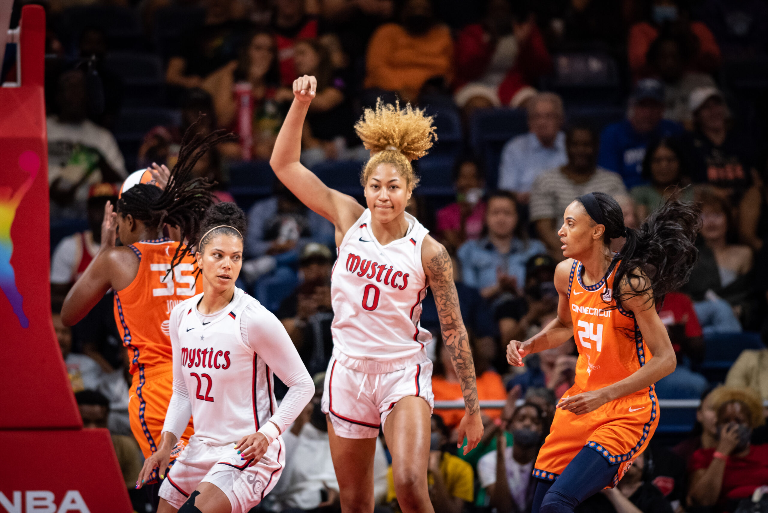 Washington Mystics center/forward Shakira Austin celebrates an and-one against the Connecticut Sun at the Entertainment and Sports Arena in Washington, D.C., on June 19, 2022. (Photo credit: Domenic Allegra)