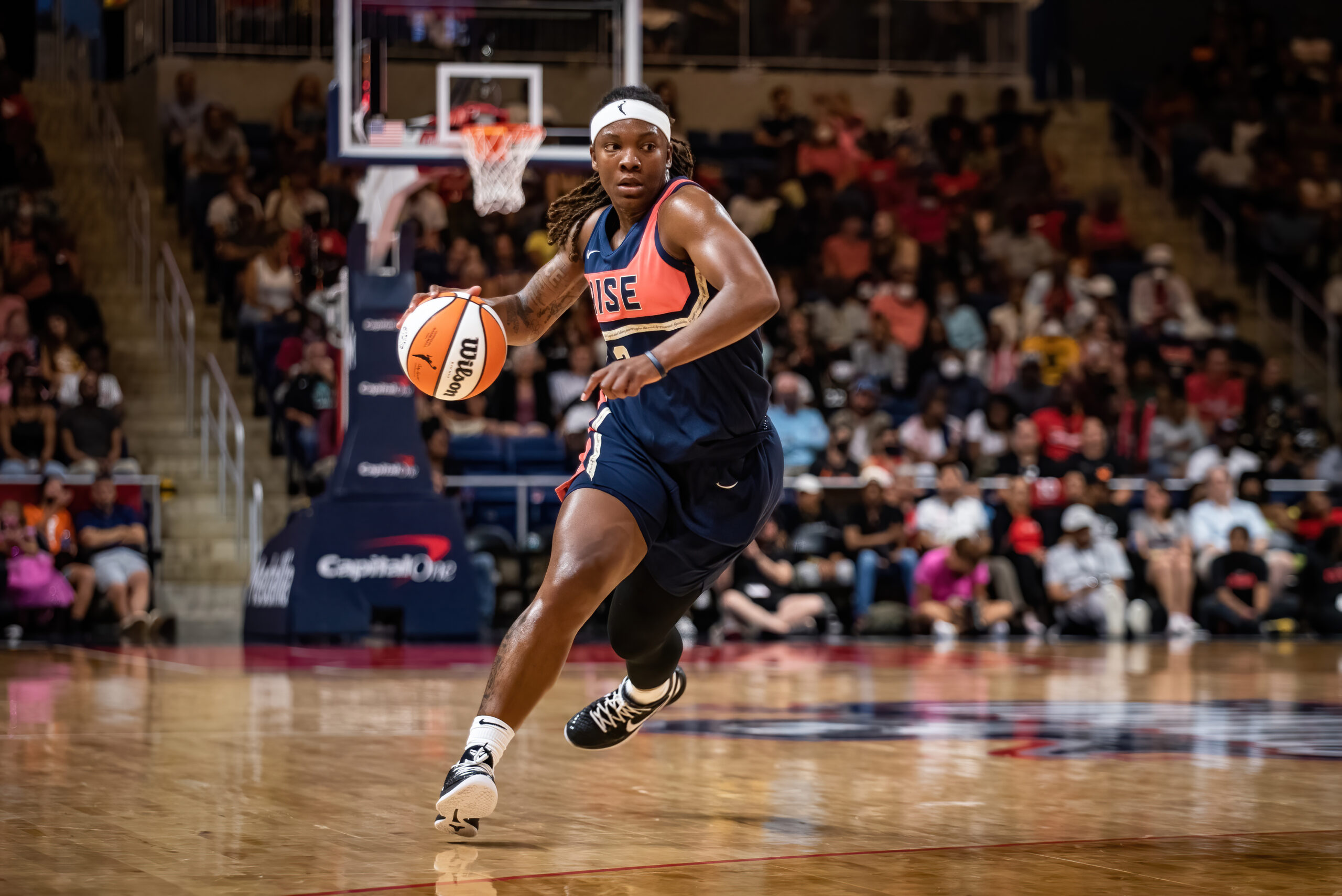 Washington Mystics forward Myisha Hines-Allen drives to the basket during a game against the Las Vegas Aces at the Entertainment and Sports Arena in Washington, D.C., on Aug. 2, 2022. (Photo credit: Domenic Allegra)