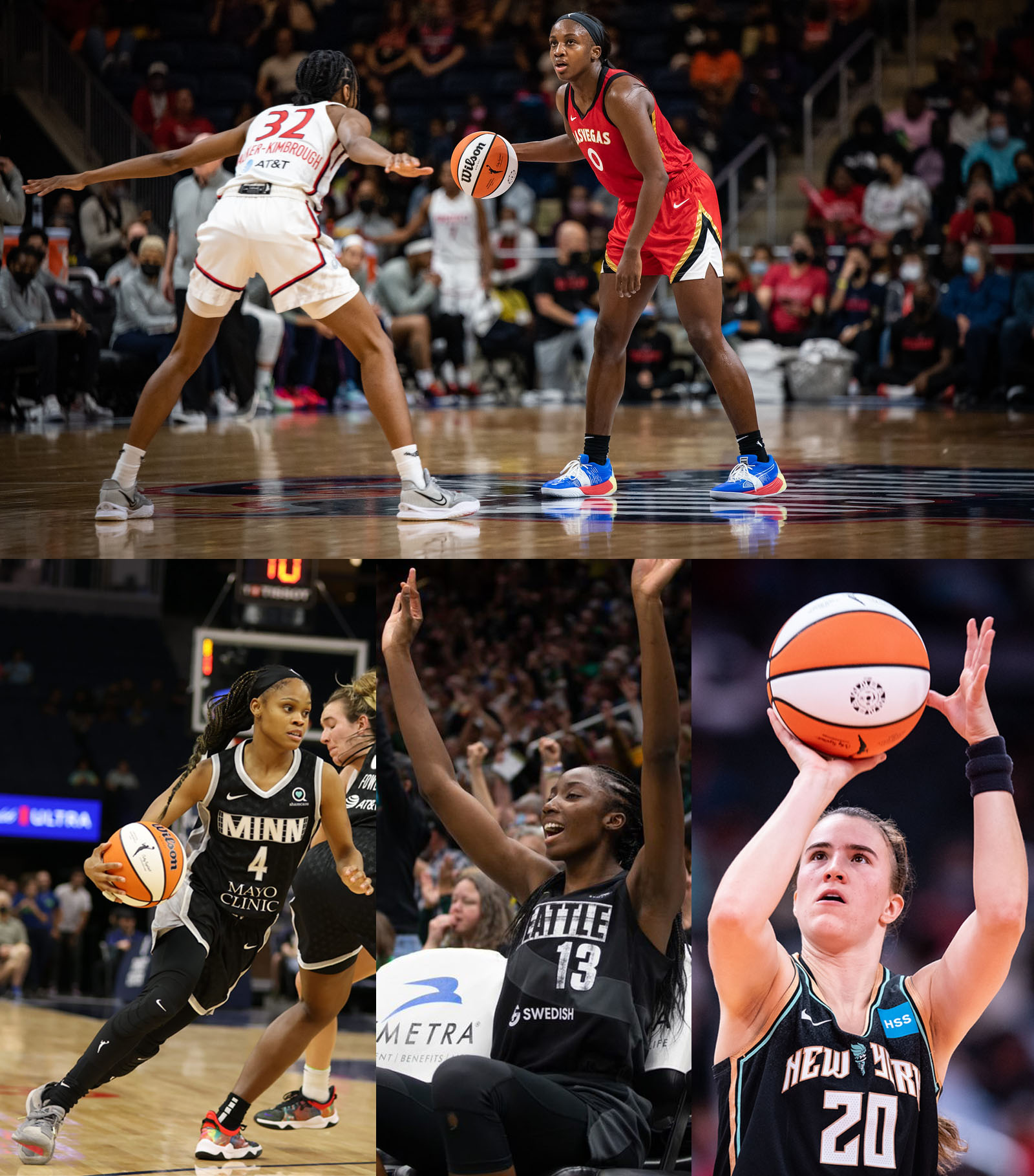 Four pictures in a collage: on top, Las Vegas Aces wing Jackie Young has the ball at the top of her dribble while looking out the court; on the bottom-left, Minnesota point guard Moriah Jefferson drives downhill from the slot around a pick-and-roll screen from Lynx center Sylvia Fowles, who is beginning to roll after screening Dallas Wings wing Marina Mabrey off of Jefferson; on the middle of the bottom, Seattle Storm big Ezi Magbegor celebrates a teammate's three from the bench, while the crowd celebrates in the background; on the bottom-right, New York Liberty combo guard Sabrina Ionescu holds the ball above her head while releasing a jumper