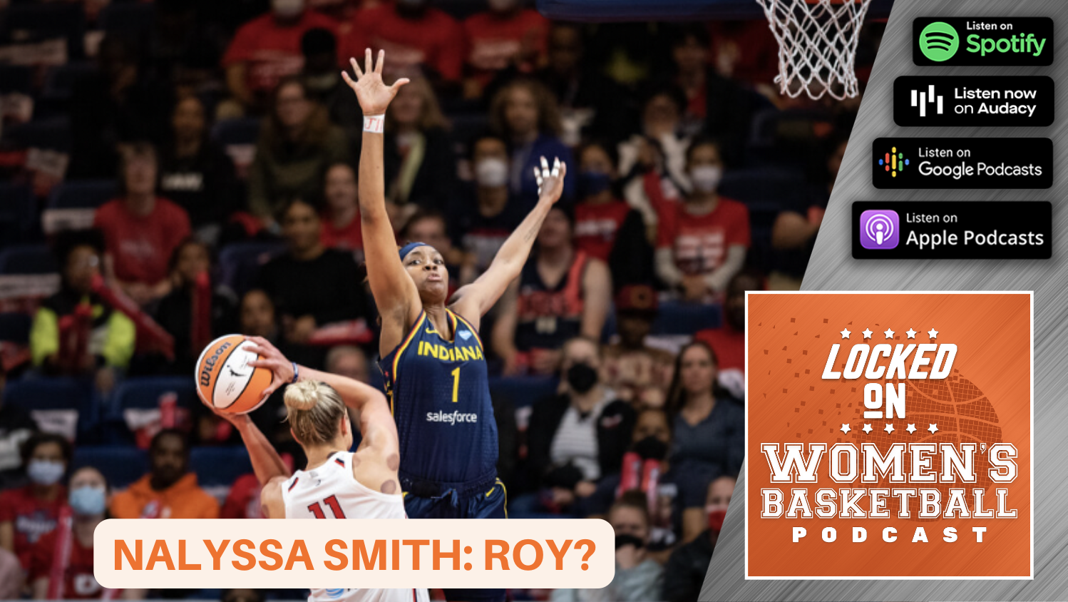 A preview thumbnail for the August 5 episode of the Locked on Women's Basketball Podcast, featuring a photo of NaLyssa Smith and the tagline "NaLyssa Smith: ROY?"