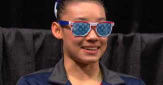 Leanne Wong in American flag stars and stripes sunglasses
