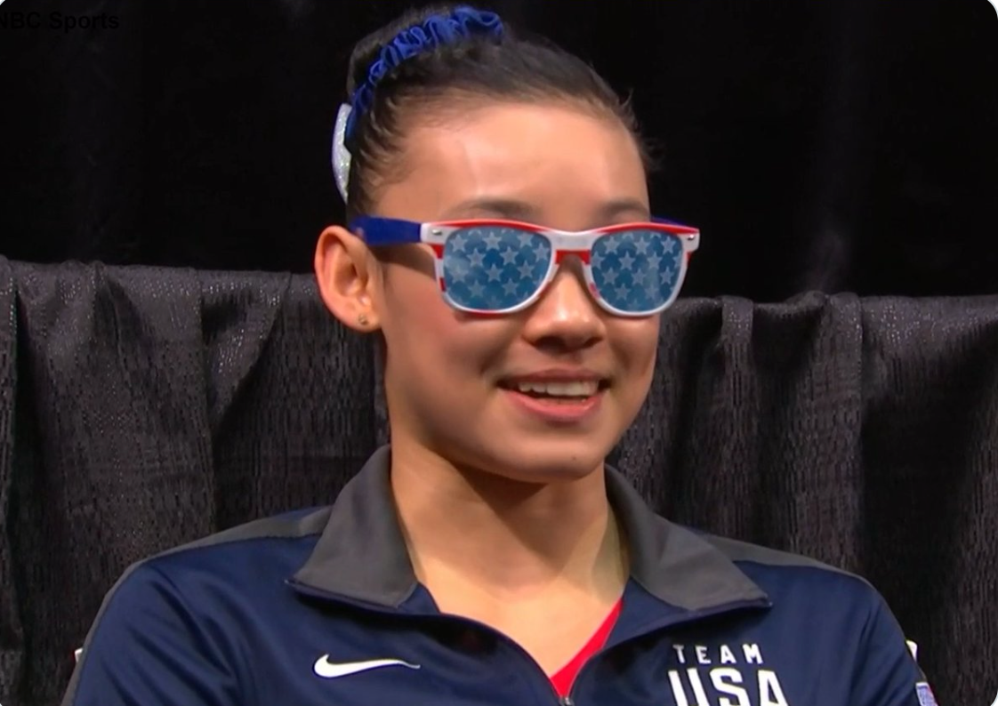 Leanne Wong in American flag stars and stripes sunglasses