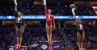 The podium of the 2022 USAG Nationals, featuring Shilese Jones, Konnor McClain and Jordan Chiles