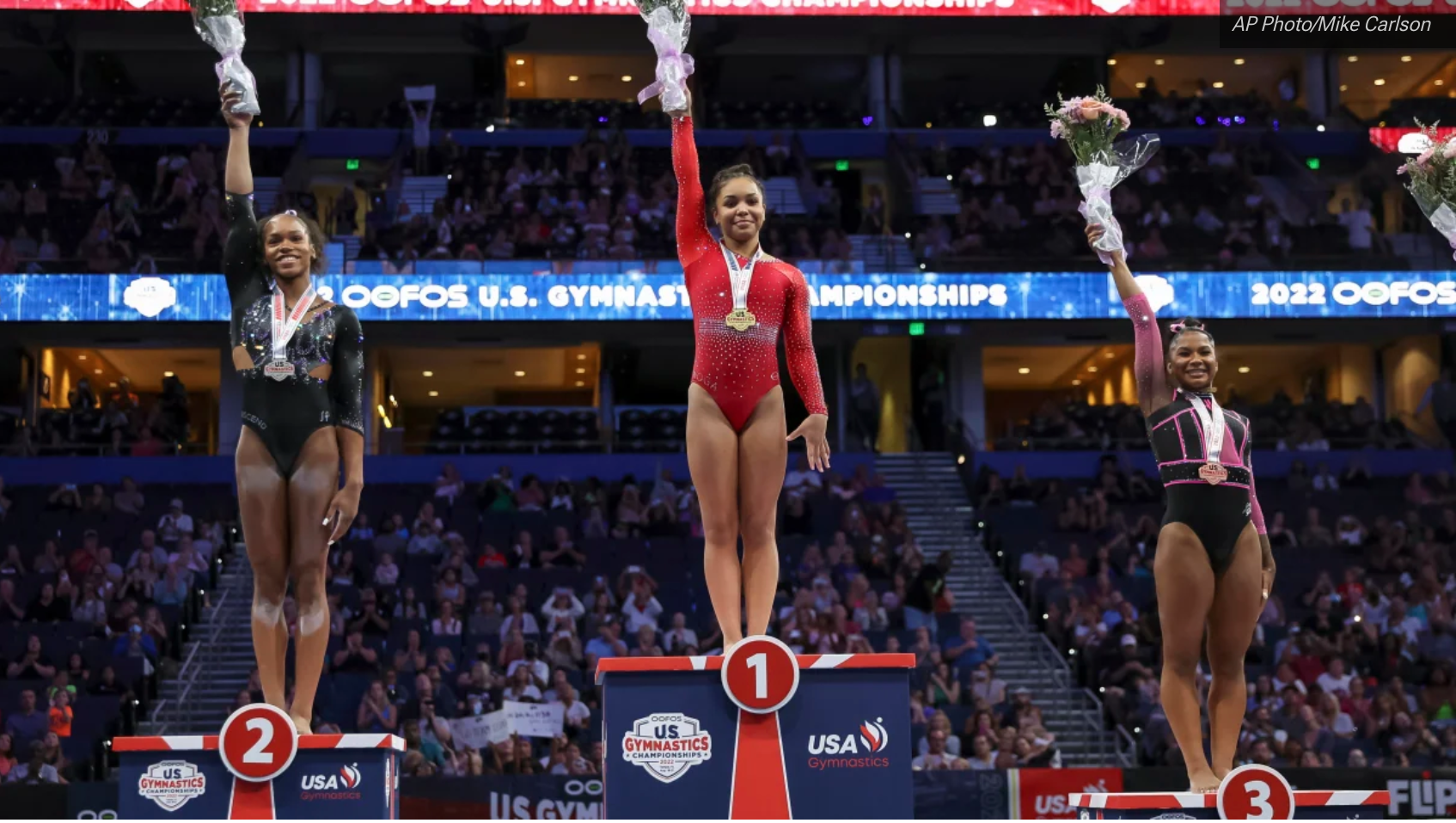 The podium of the 2022 USAG Nationals, featuring Shilese Jones, Konnor McClain and Jordan Chiles
